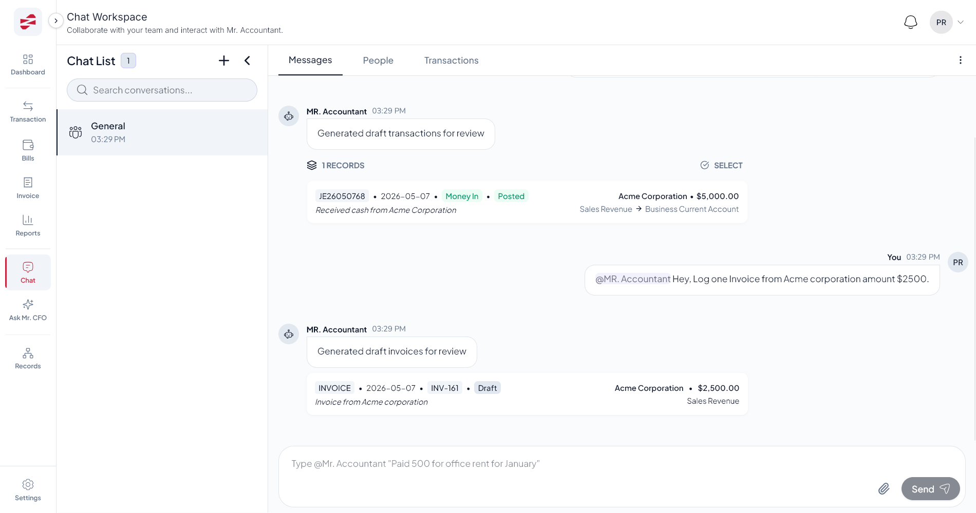 ZeroFin chat where Mr. Accountant turns a message into a draft invoice for review