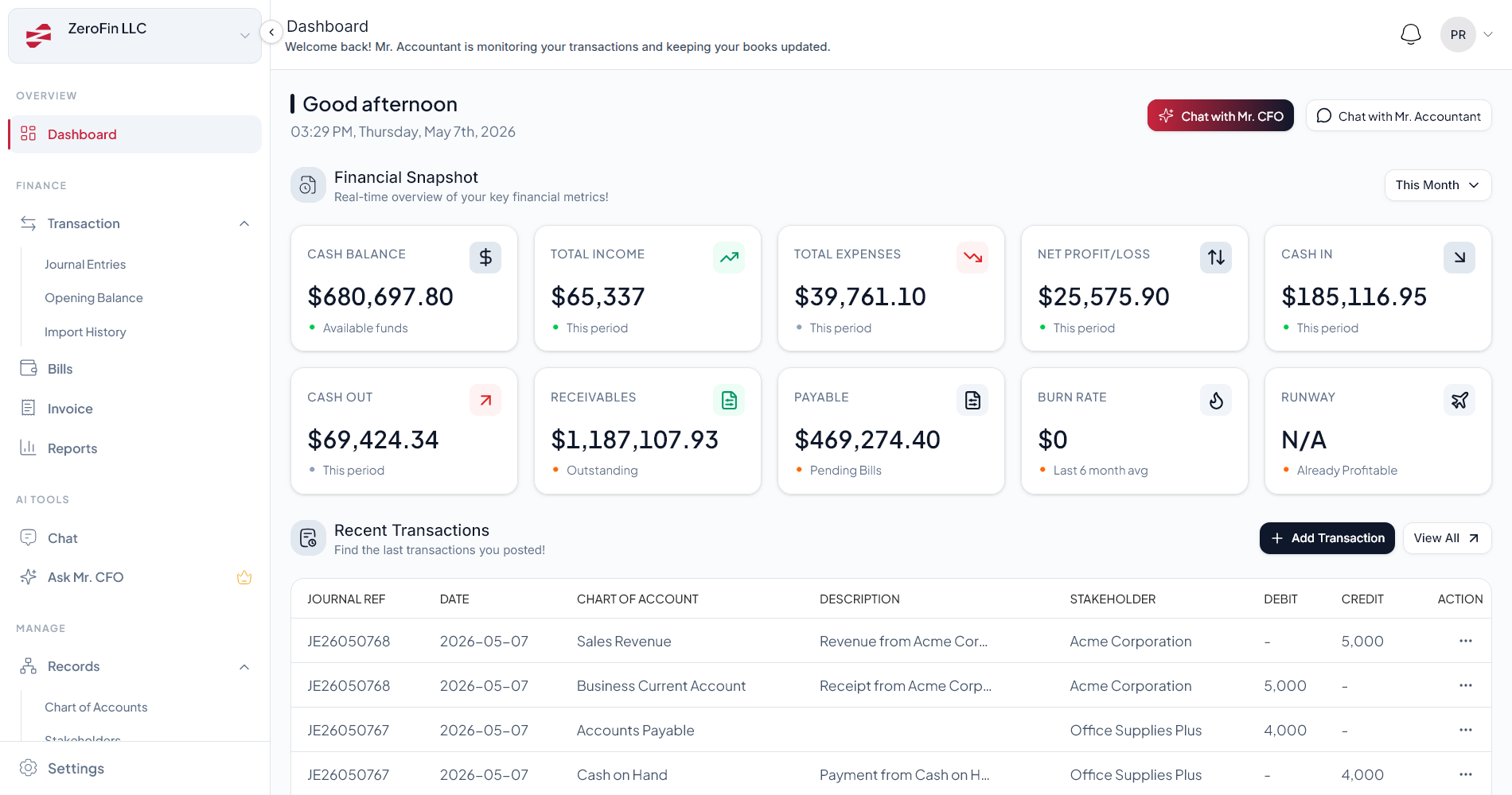 ZeroFin dashboard with cash balance, burn rate and runway cards for a demo company, in US dollars