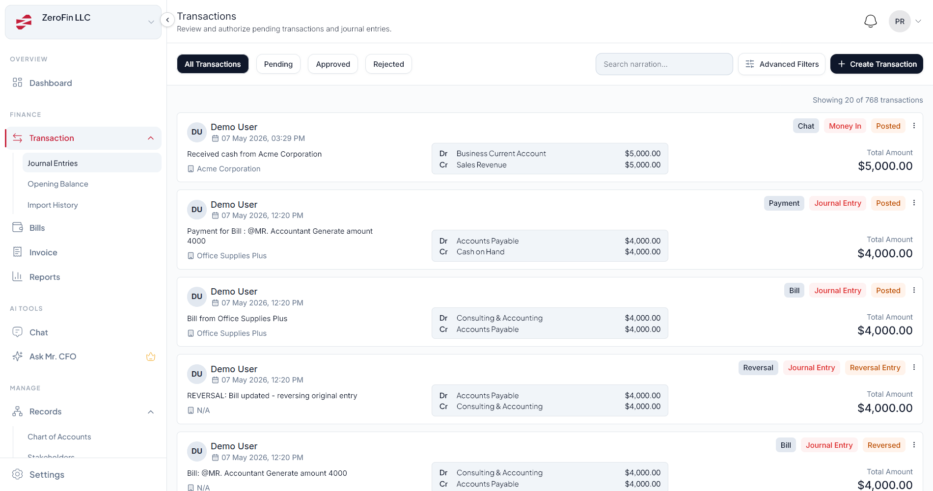 ZeroFin list of journal entries with debit and credit lines for a demo company, in US dollars